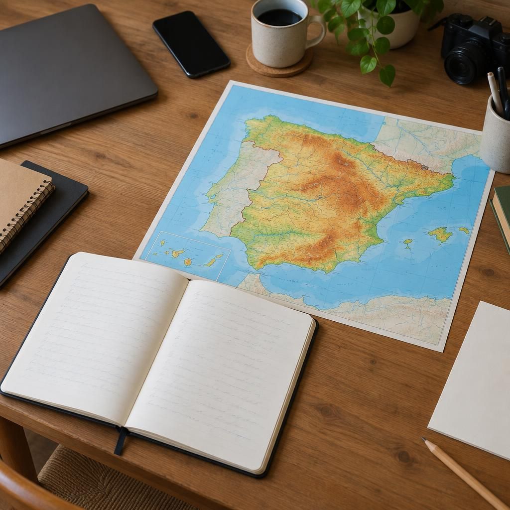 Cuaderno y mapa de España sobre una mesa