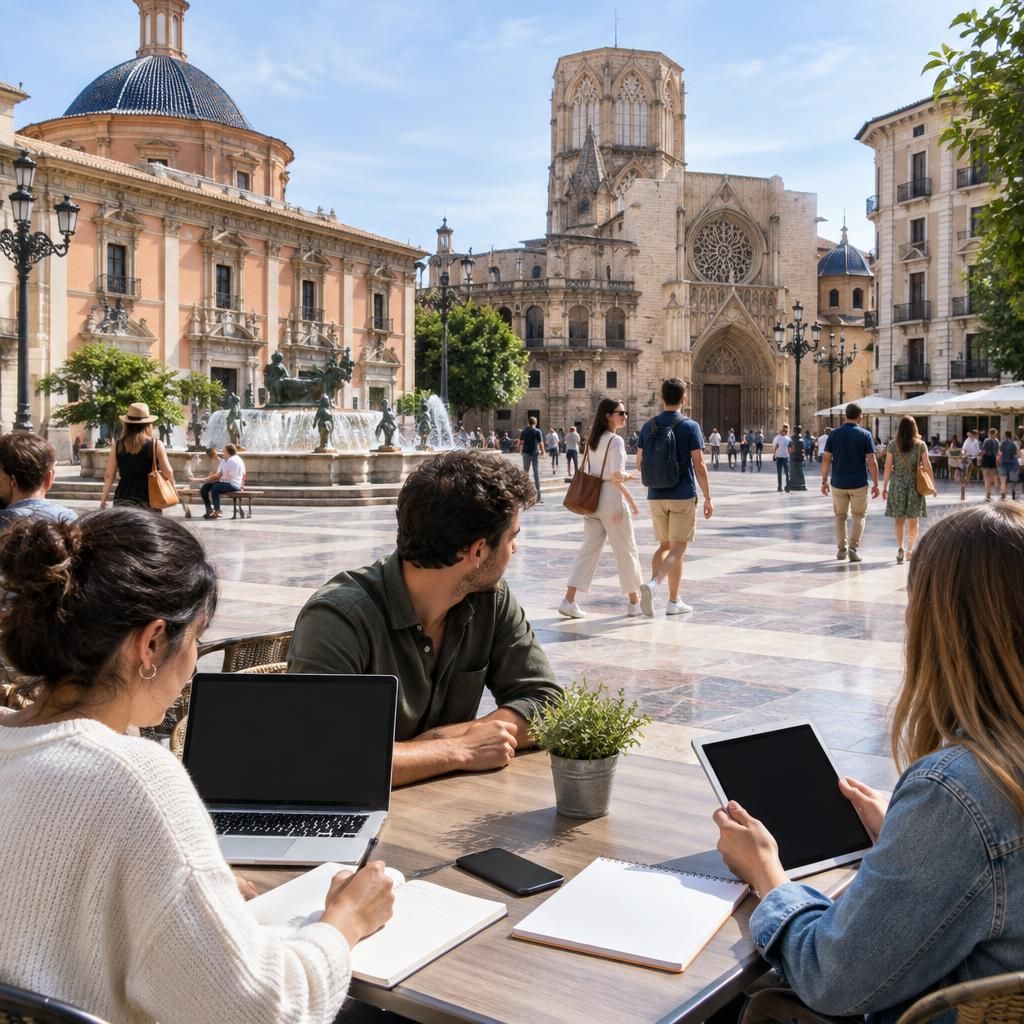 Plaza española con personas paseando